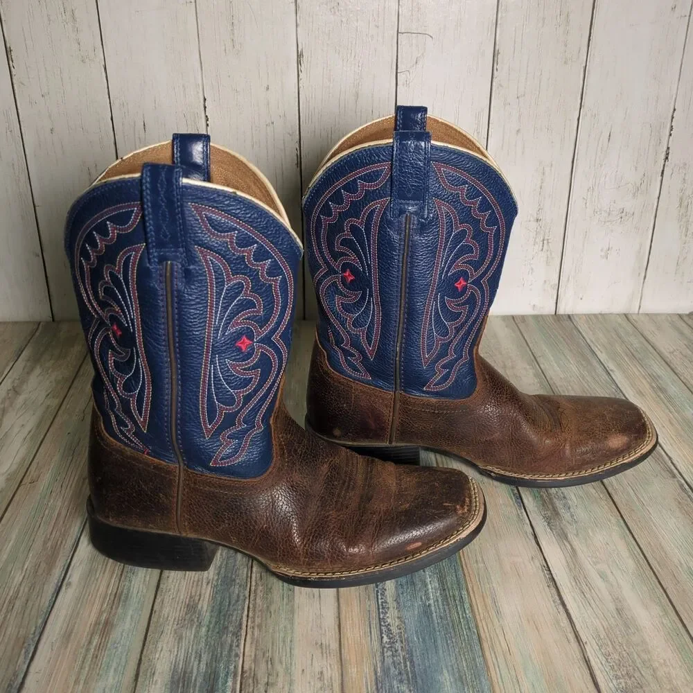 Ariat Quickdraw Brown Blue Red Leather Western Boots Kids 4.5 Cowboy Rodeo USA